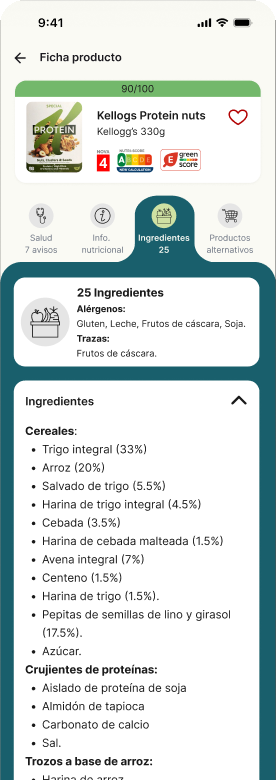 Vista resumida de ingredientes, alérgenos y trazas en KeKomo