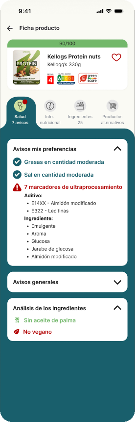 Ficha de producto con compatibilidad 90/100 y avisos de salud según tu perfil